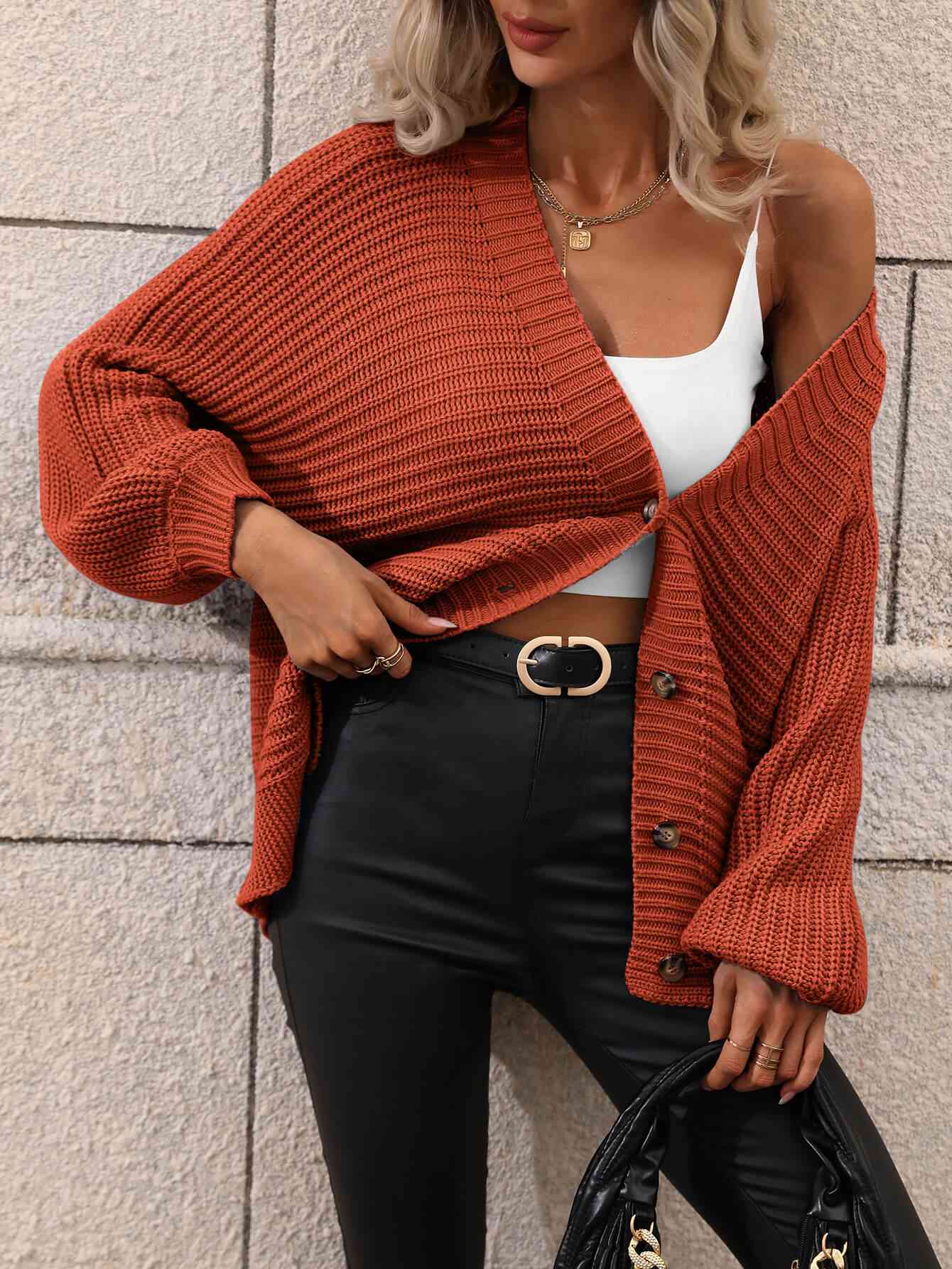 Double Take Button Down Horizontal-Ribbing Longline Cardigan - TRENDMELO