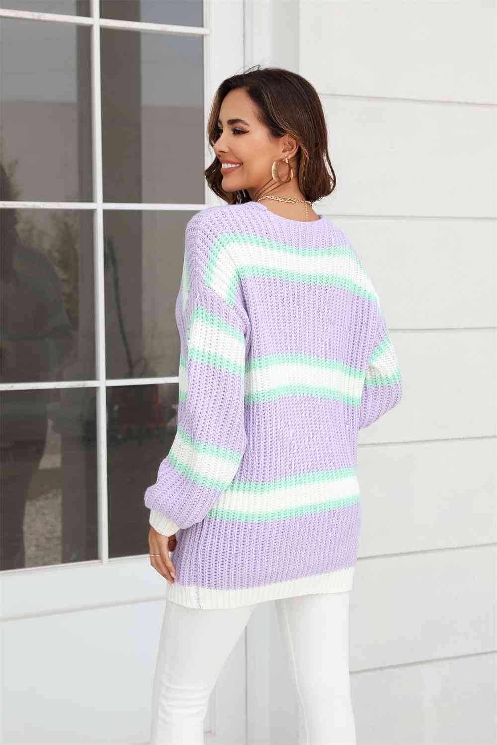 Color Block Ribbed Dropped Shoulder Open Front Cardigan - TRENDMELO