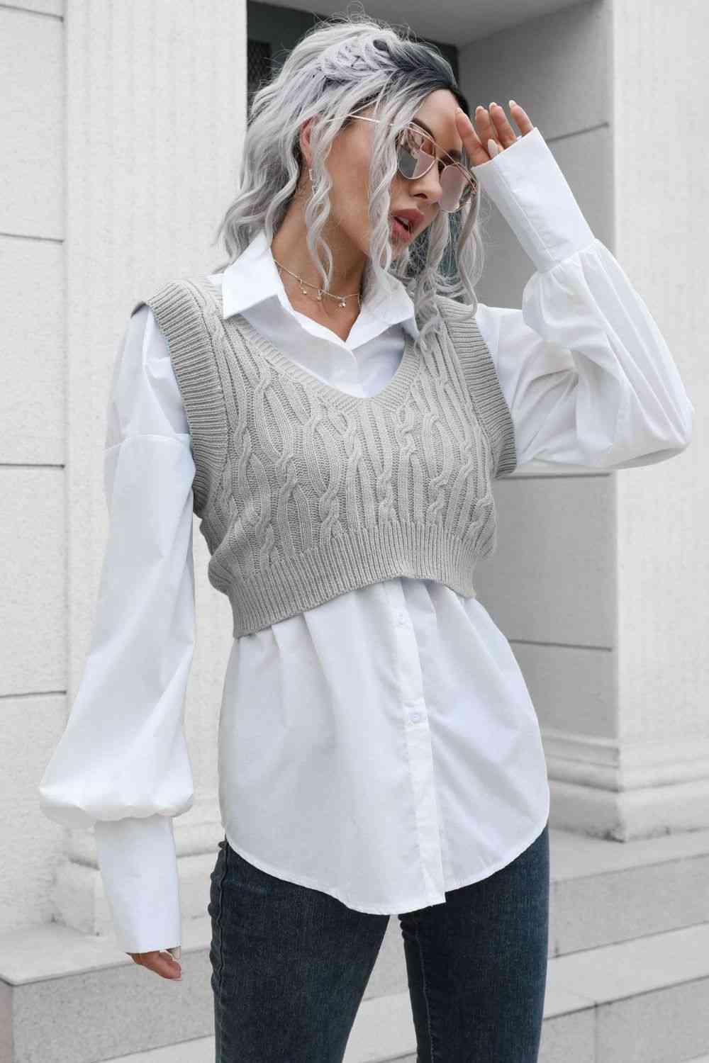 Cable-Knit Deep V Cropped Knit Vest - TRENDMELO