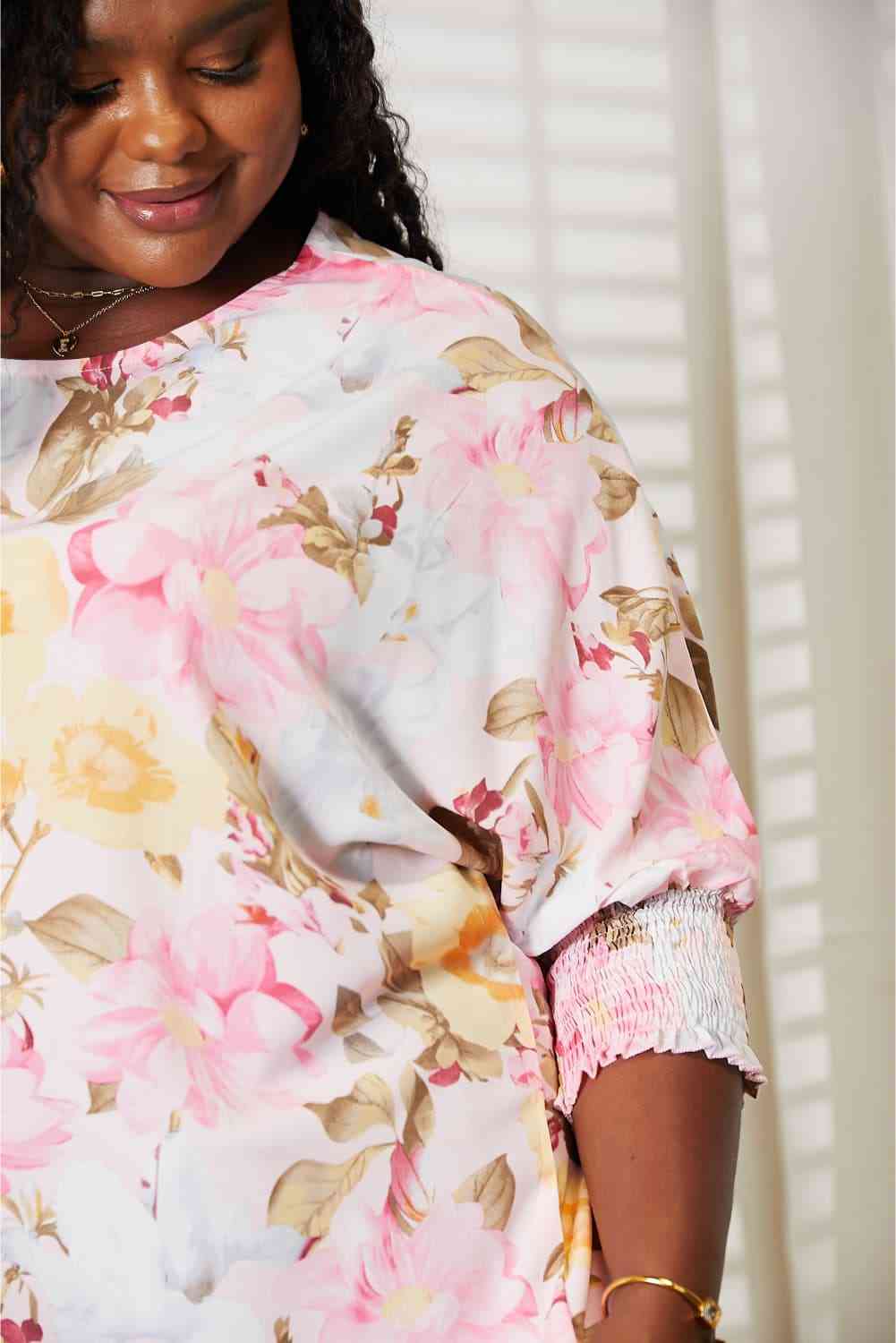 Double Take Floral Round Neck Three-Quarter Sleeve Top - TRENDMELO