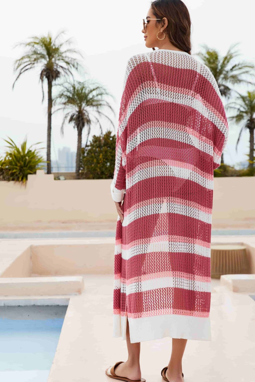 Striped Open Front Side Slit Duster Cover Up - TRENDMELO