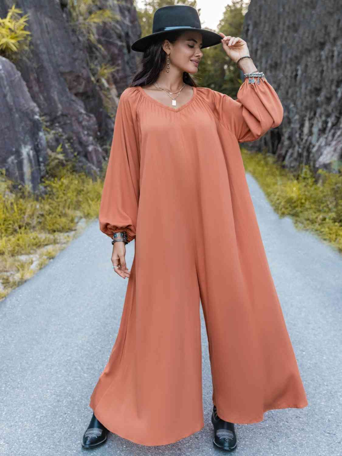 V-Neck Long Sleeve Wide Leg Jumpsuit - TRENDMELO
