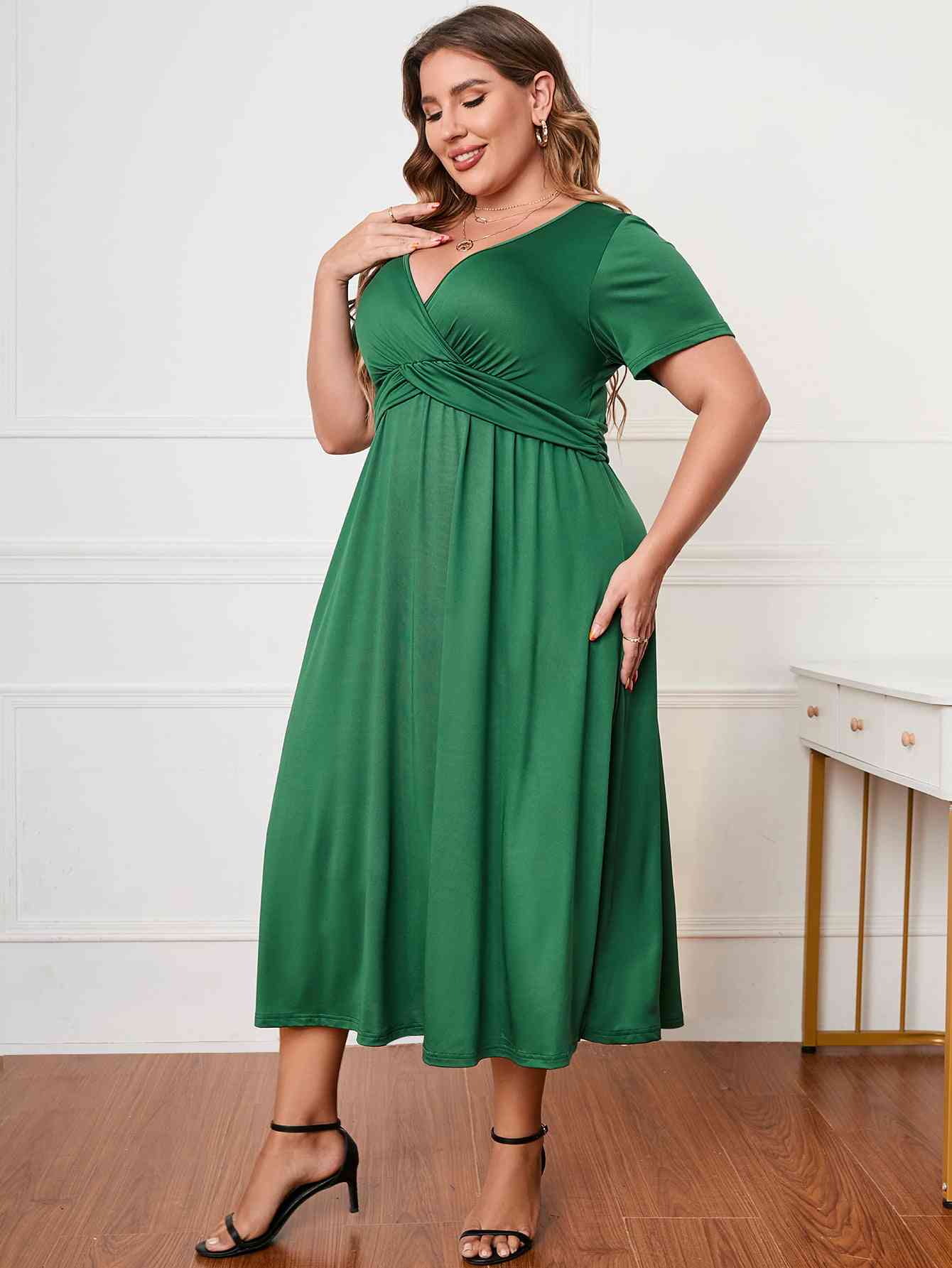 Plus Size Short Sleeve Surplice Neck Midi Dress - TRENDMELO