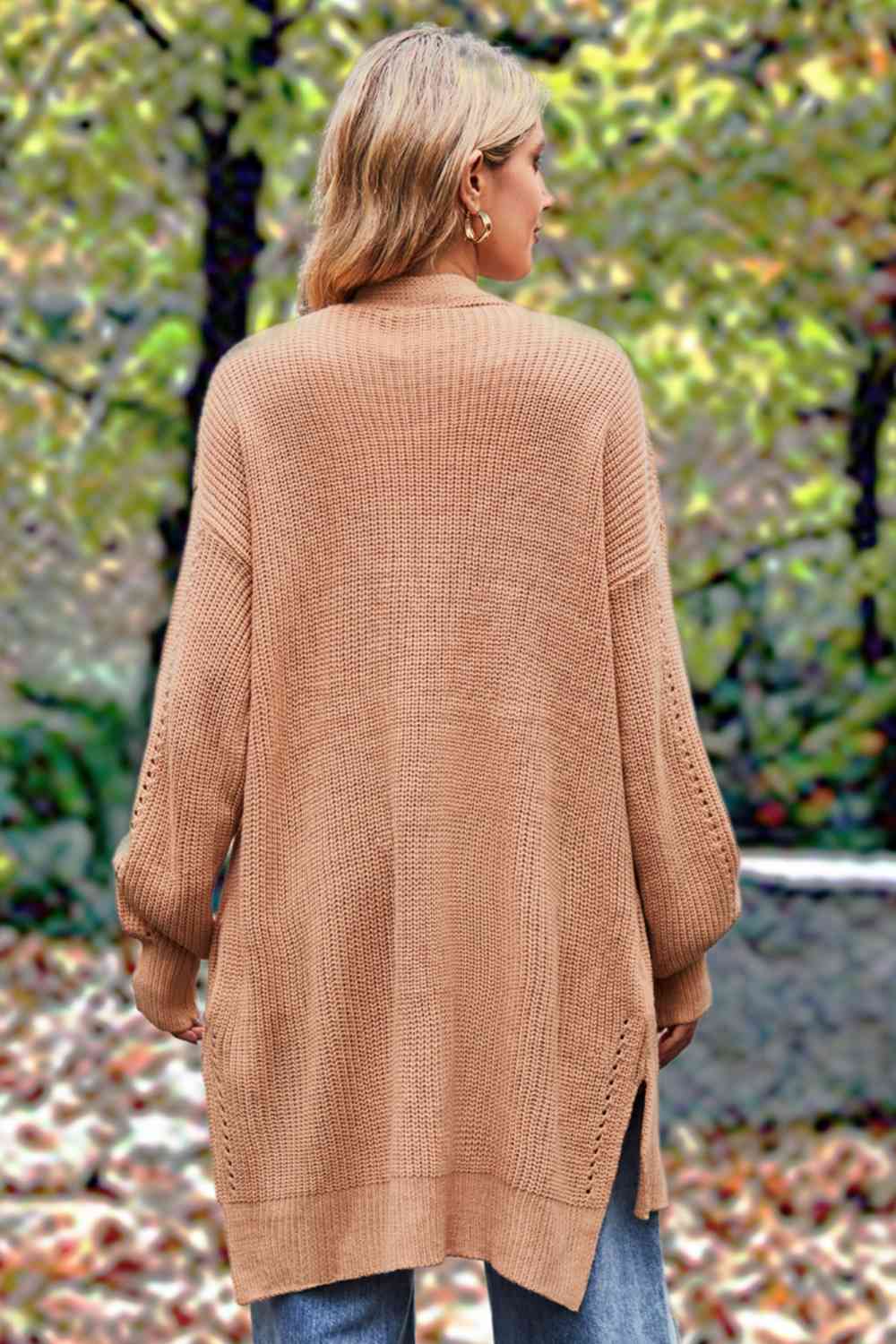 Openwork Long Sleeve Open Front Slit Cardigan - TRENDMELO