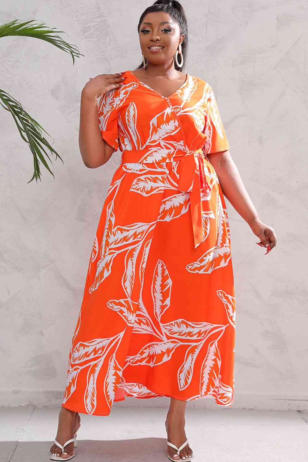 Plus Size Printed Surplice Short Sleeve Maxi Dress - TRENDMELO