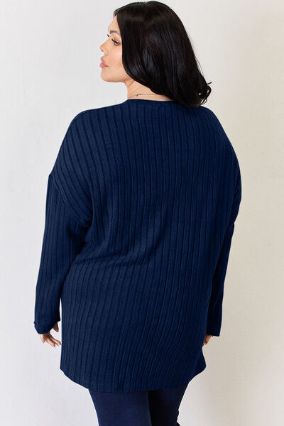 Basic Bae Full Size Ribbed Half Button Long Sleeve High-Low T-Shirt - TRENDMELO