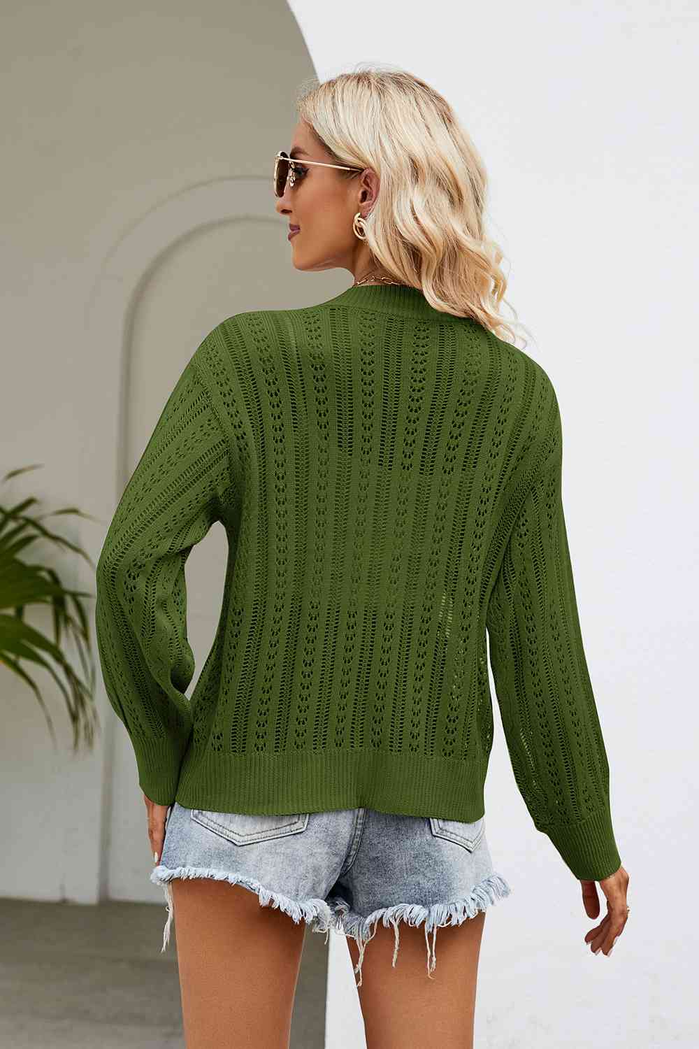 Openwork Button Front V-Neck Cardigan - TRENDMELO