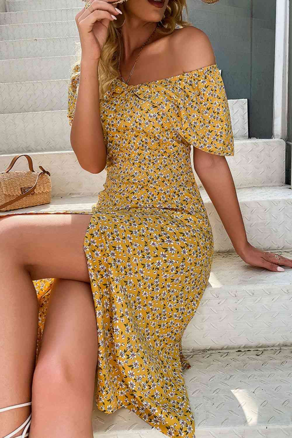 Ditsy Floral Split Flutter Sleeve Dress - TRENDMELO