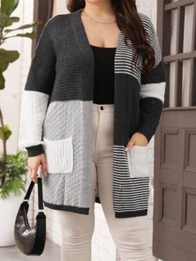 Plus Size Color Block Pocketed Dropped Shoulder Cardigan - TRENDMELO