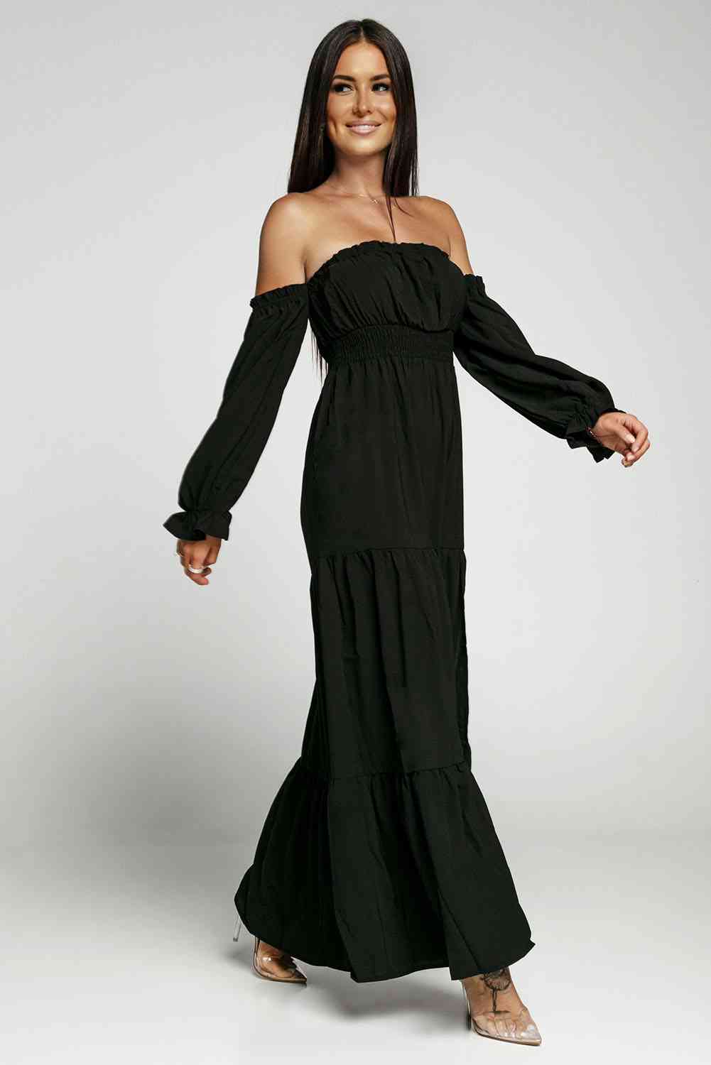 Off-Shoulder Smocked Split Tiered Maxi Dress - TRENDMELO