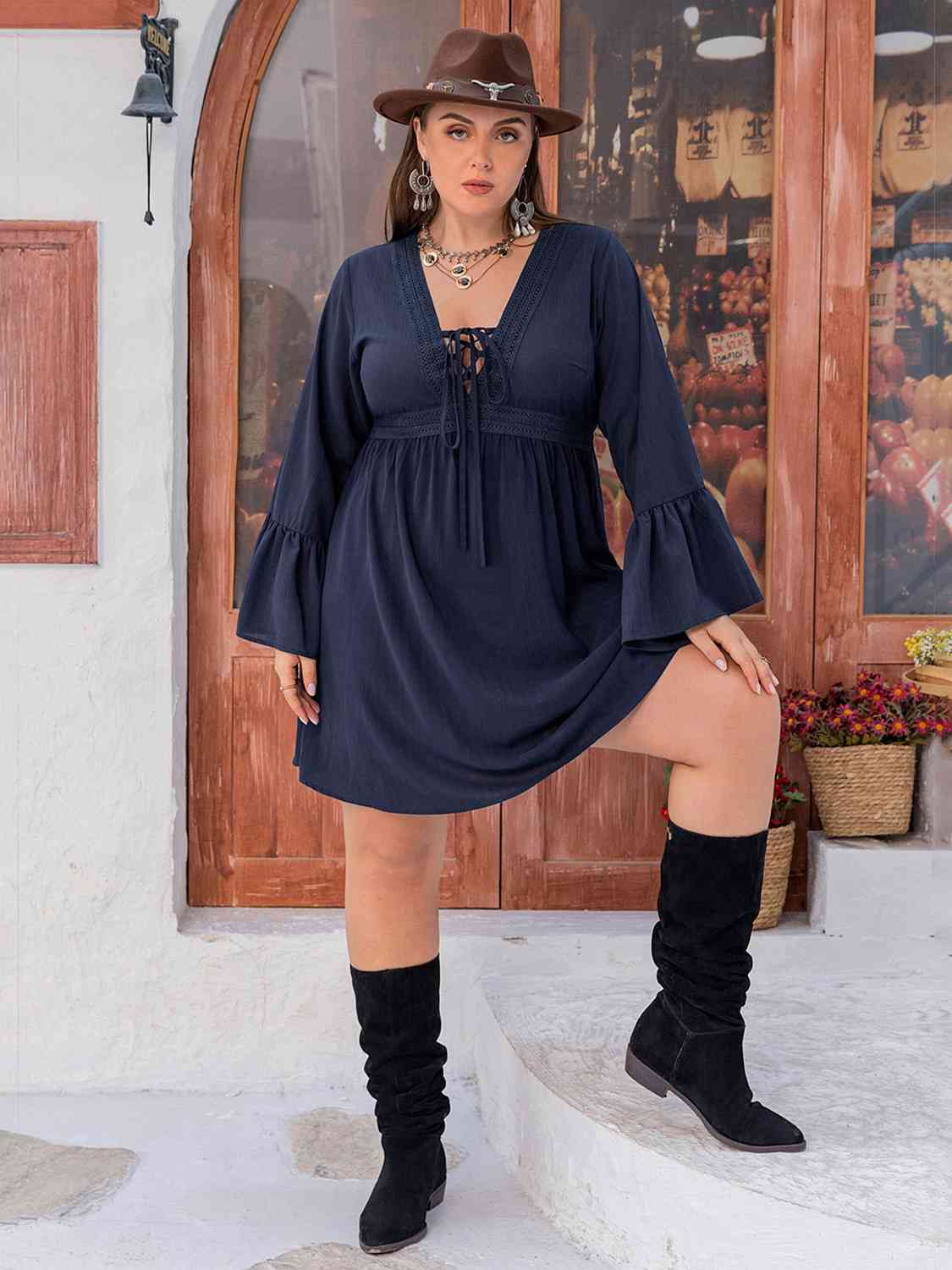 Plus Size Tie Front V-Neck Flare Sleeve Dress - TRENDMELO