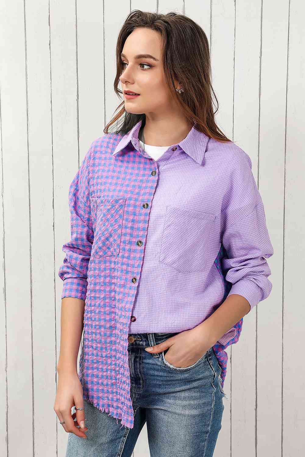 Plaid Raw Hem Longline Shirt - TRENDMELO