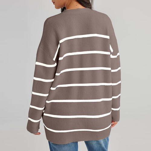 Striped V-Neck Long Sleeve Cardigan - TRENDMELO