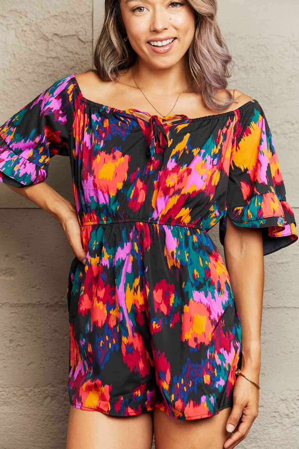 Printed Tied Flounce Sleeve Romper - TRENDMELO
