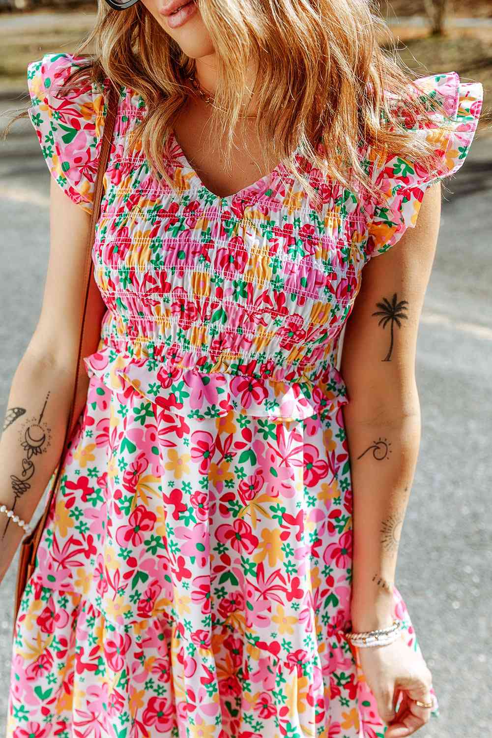 Floral Ruffle Trim Smocked Dress - TRENDMELO