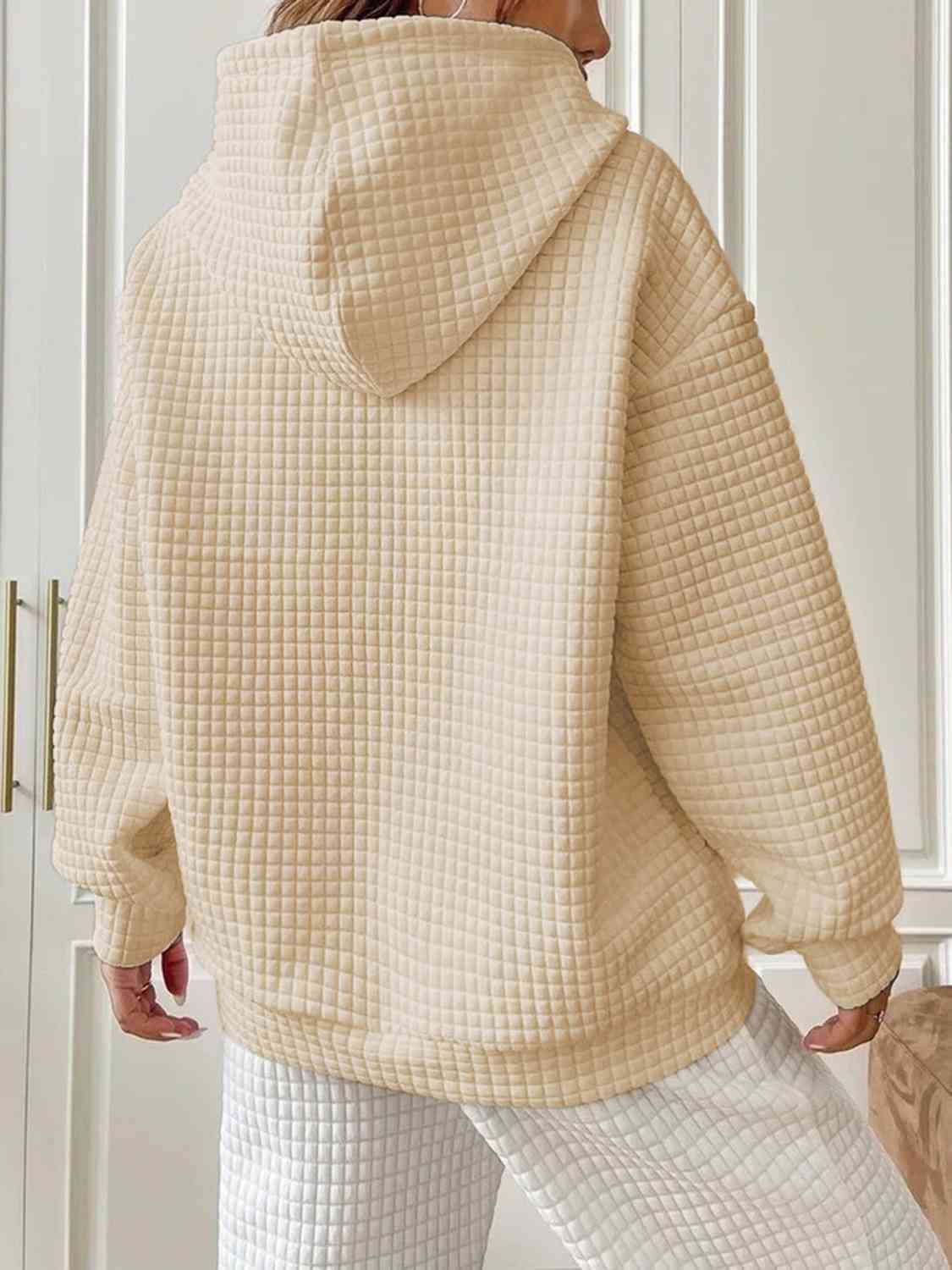 Textured Drawstring Drop Shoulder Hoodie - TRENDMELO