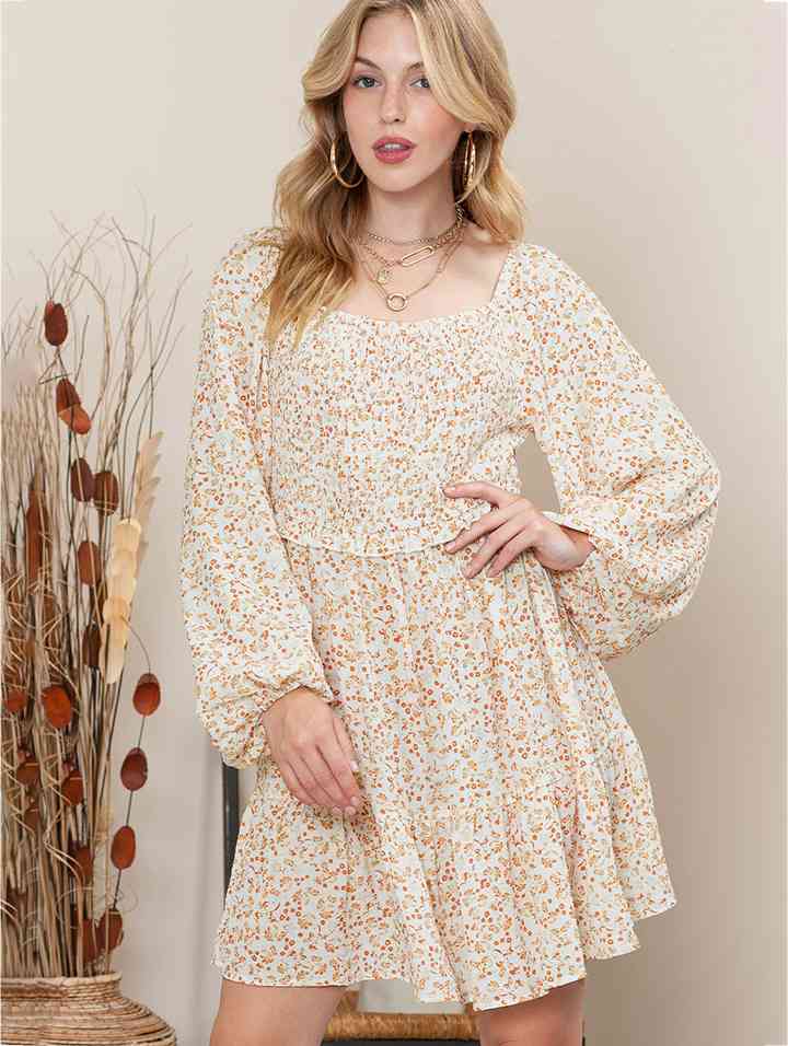 Printed Square Neck Long Sleeve Smocked Dress - TRENDMELO