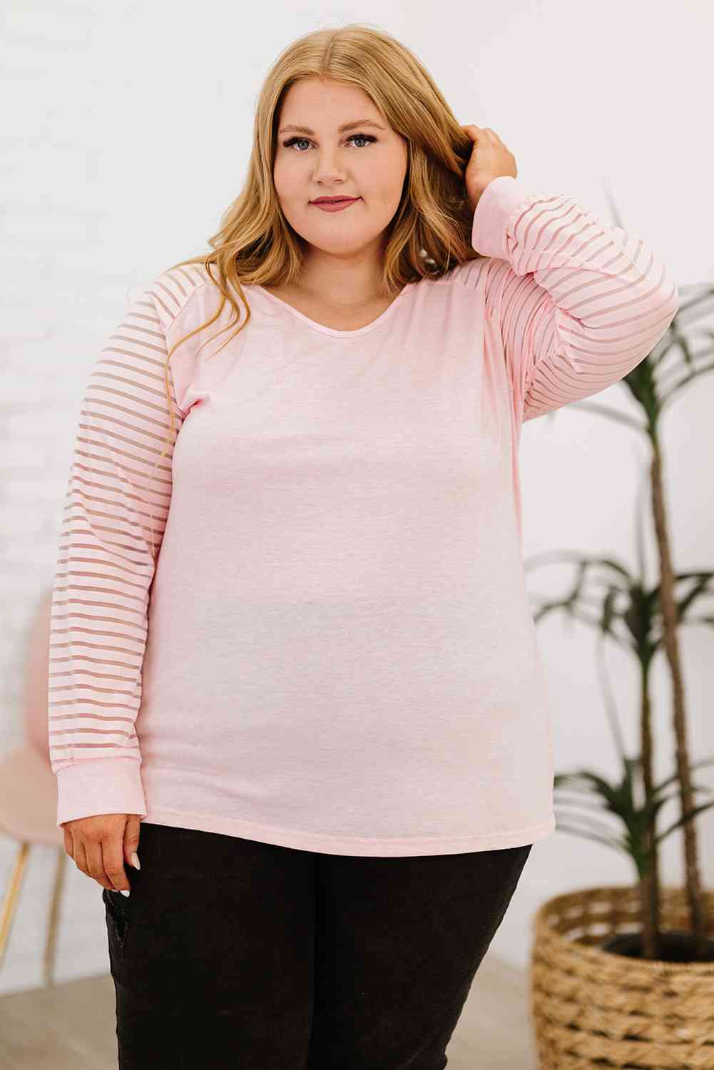 Plus Size Sheer Striped Sleeve V-Neck Top - TRENDMELO
