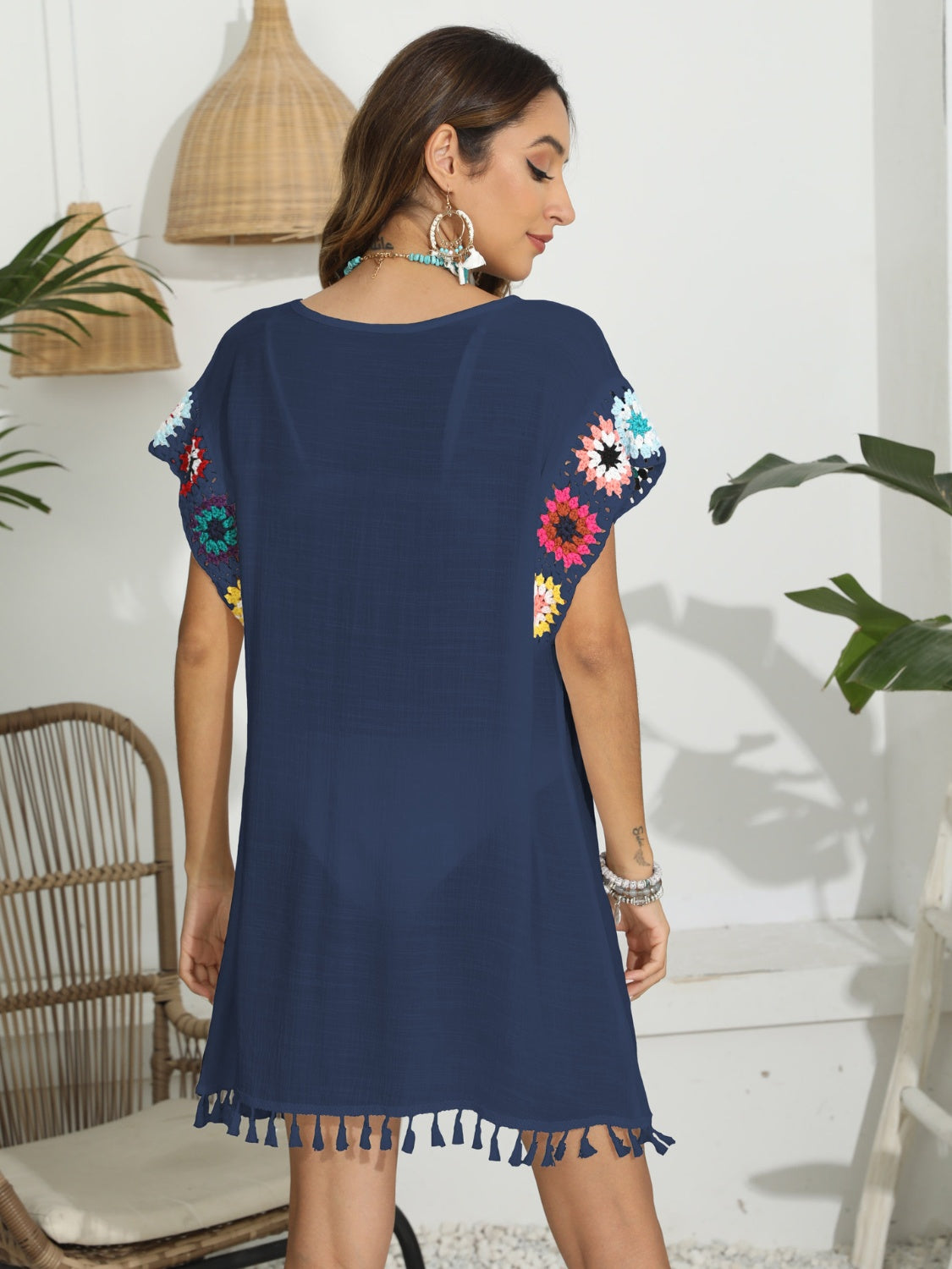 Tassel Boat Neck Flutter Sleeve Cover Up - TRENDMELO
