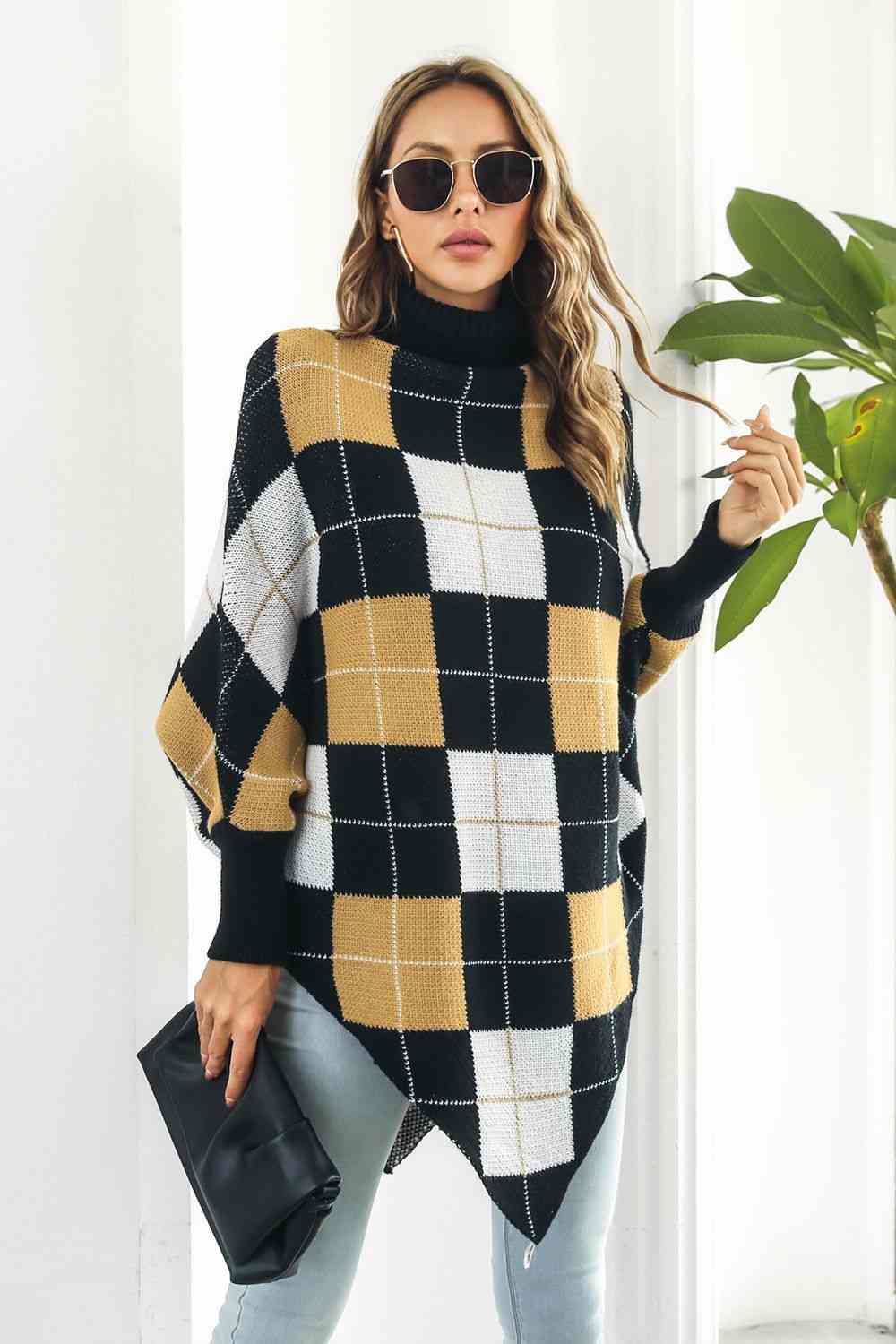 Plaid Turtleneck Dolman Sleeve Poncho - TRENDMELO