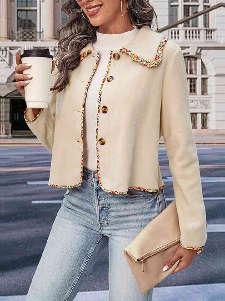 Collared Neck Button-Down Long Sleeve Jacket - TRENDMELO