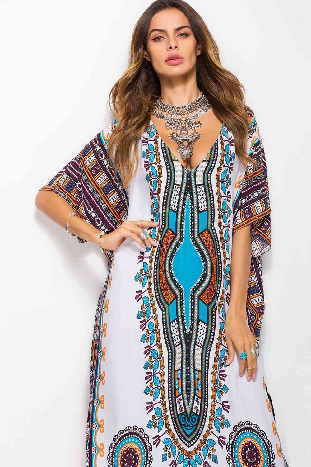 Printed V-Neck Side Slit Maxi Dress - TRENDMELO
