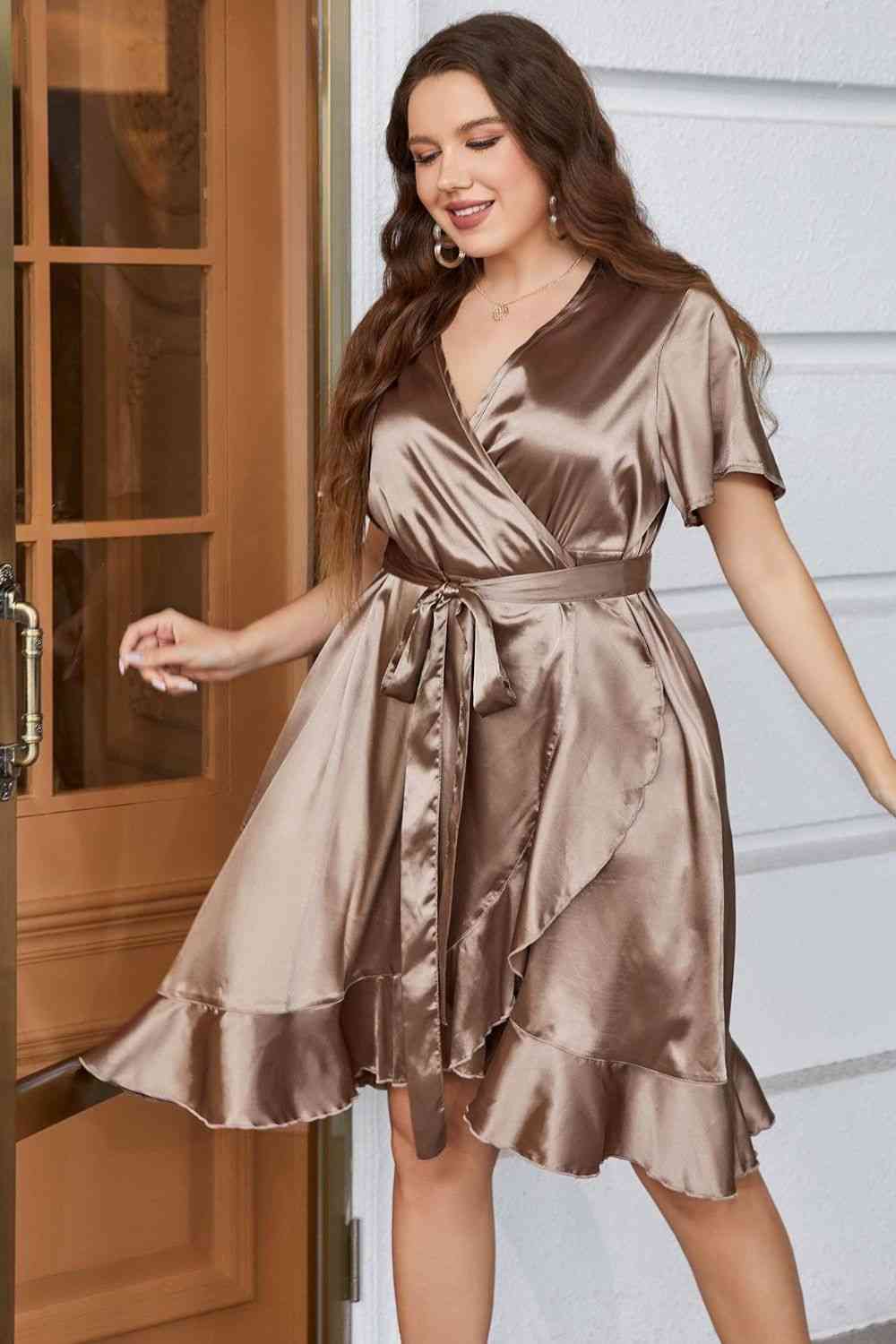 Plus Size Belted Ruffled Surplice Dress - TRENDMELO