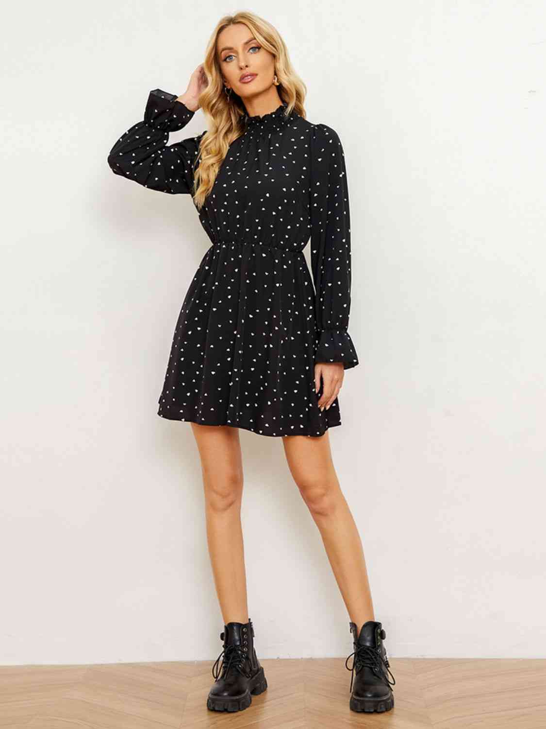 Printed Long Flounce Sleeve Frill Neck Dress - TRENDMELO
