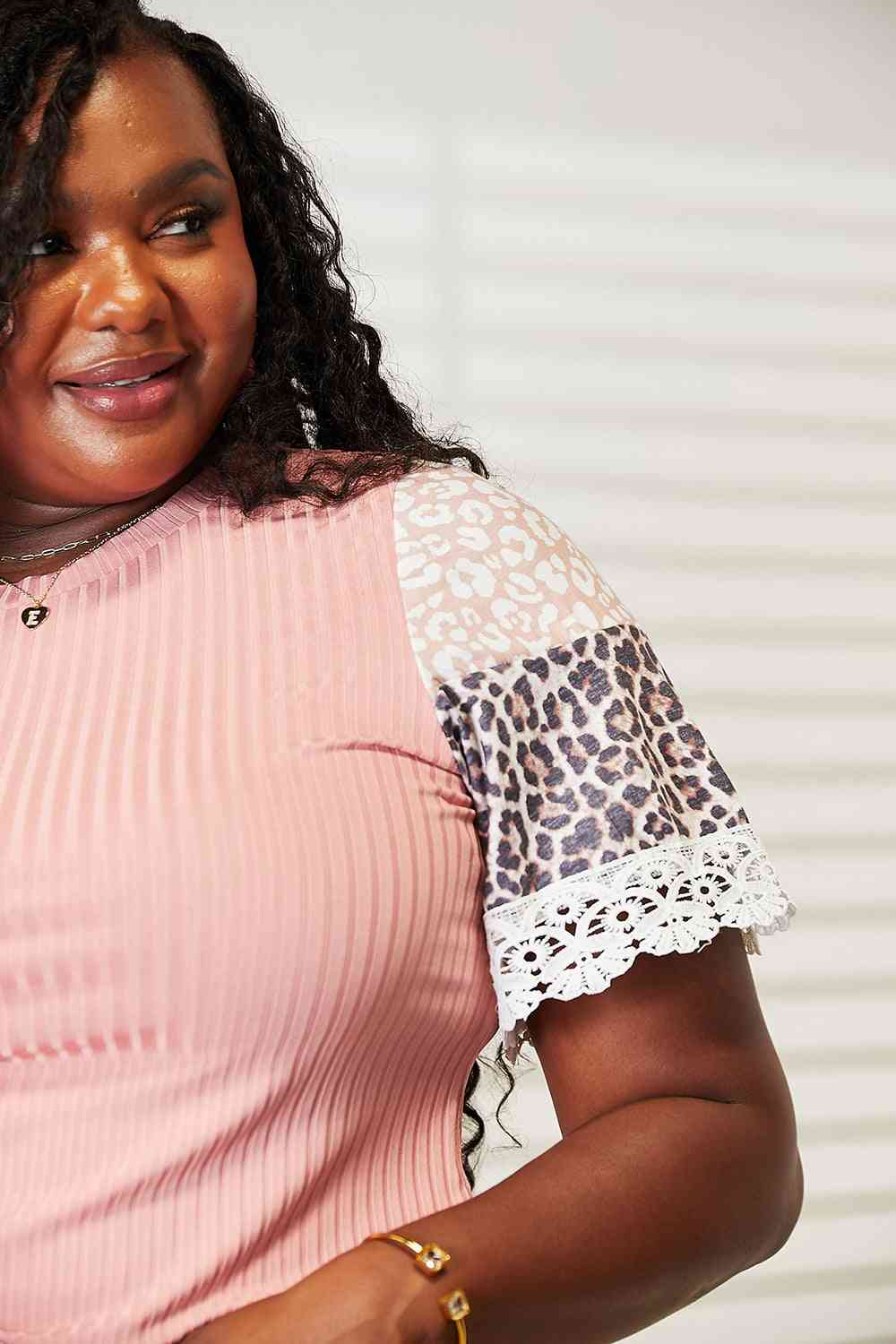 Double Take Leopard Lace Trim Ribbed Round Neck Top - TRENDMELO