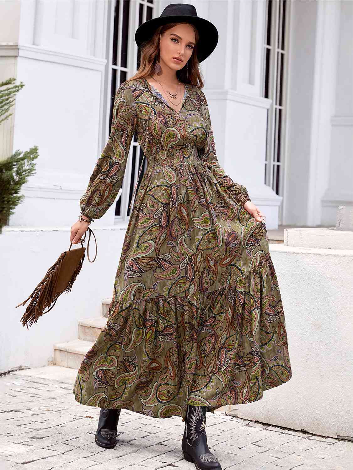 Printed Tie Neck Ruffle Hem Long Sleeve Dress - TRENDMELO