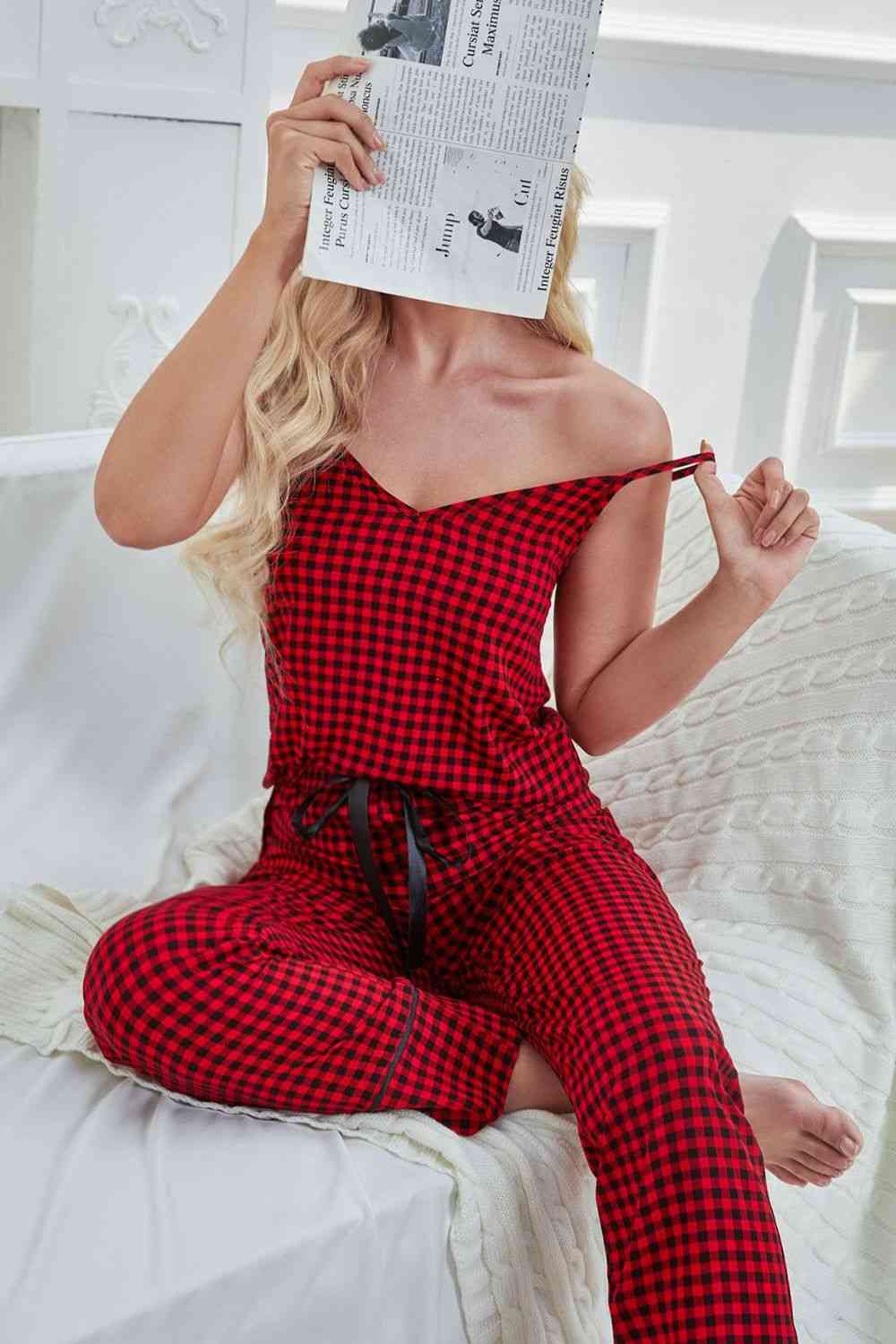 Gingham V-Neck Cami and Tied Pants Lounge Set - TRENDMELO