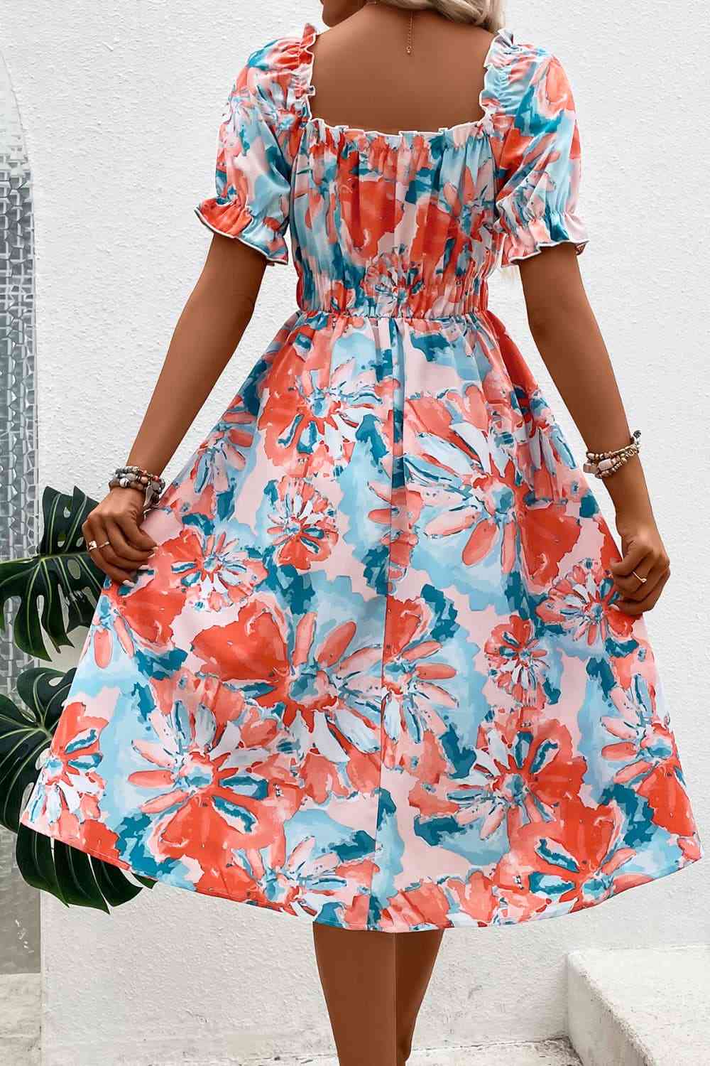 Floral Frill Trim Square Neck Dress - TRENDMELO