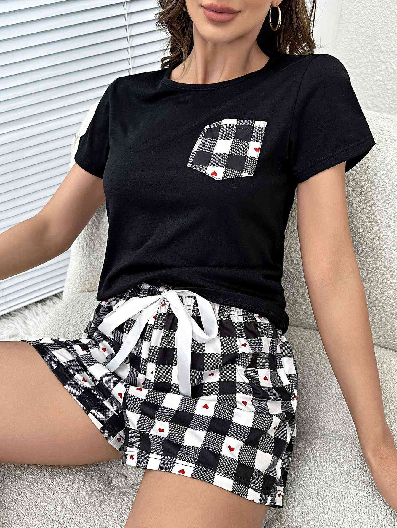Plaid Heart Top and Shorts Lounge Set - TRENDMELO