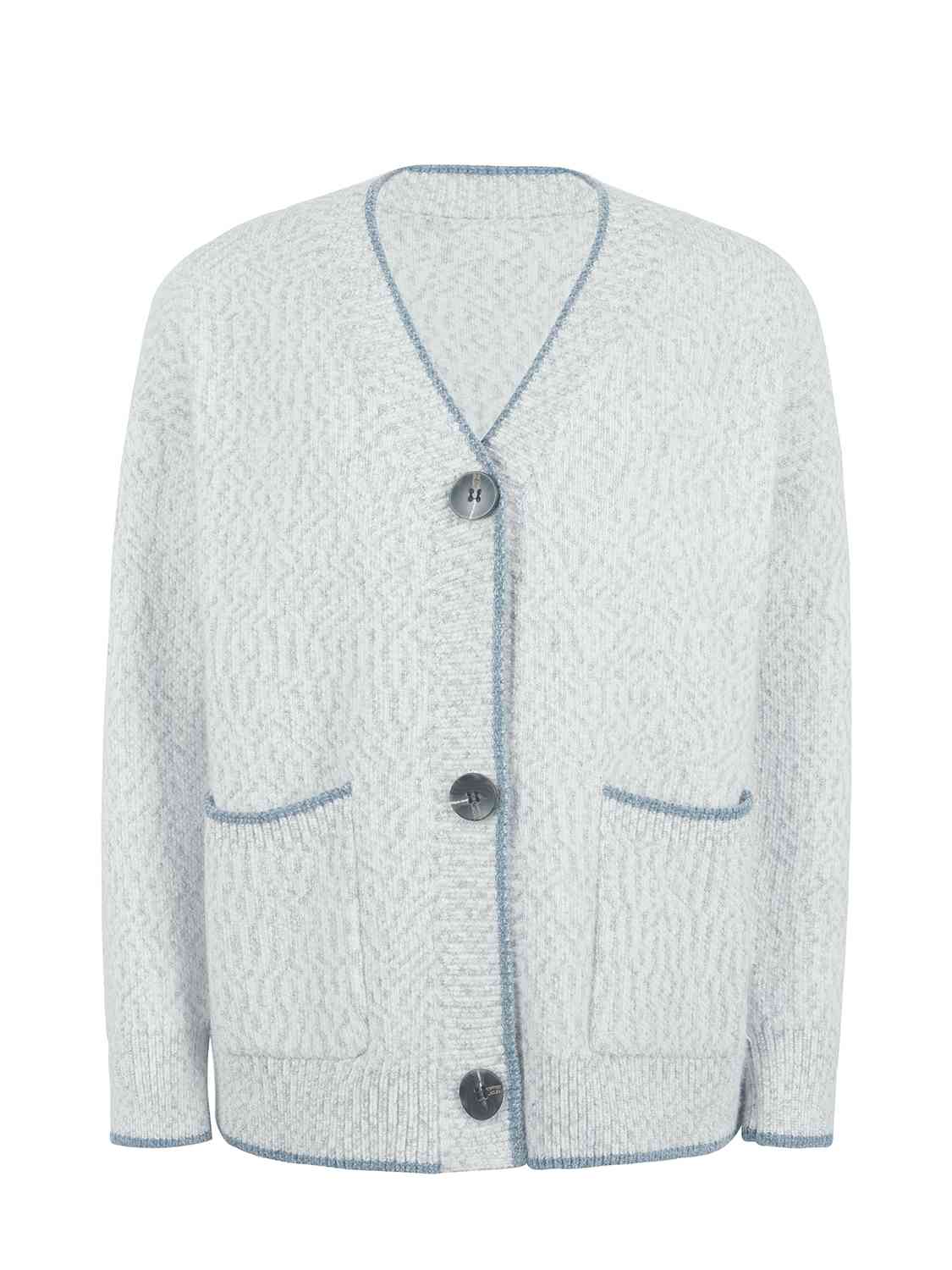 Button Down V-Neck Cardigan with Pockets - TRENDMELO