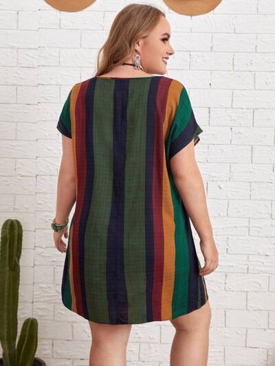 Plus Size Striped Short Sleeve Mini Dress - TRENDMELO