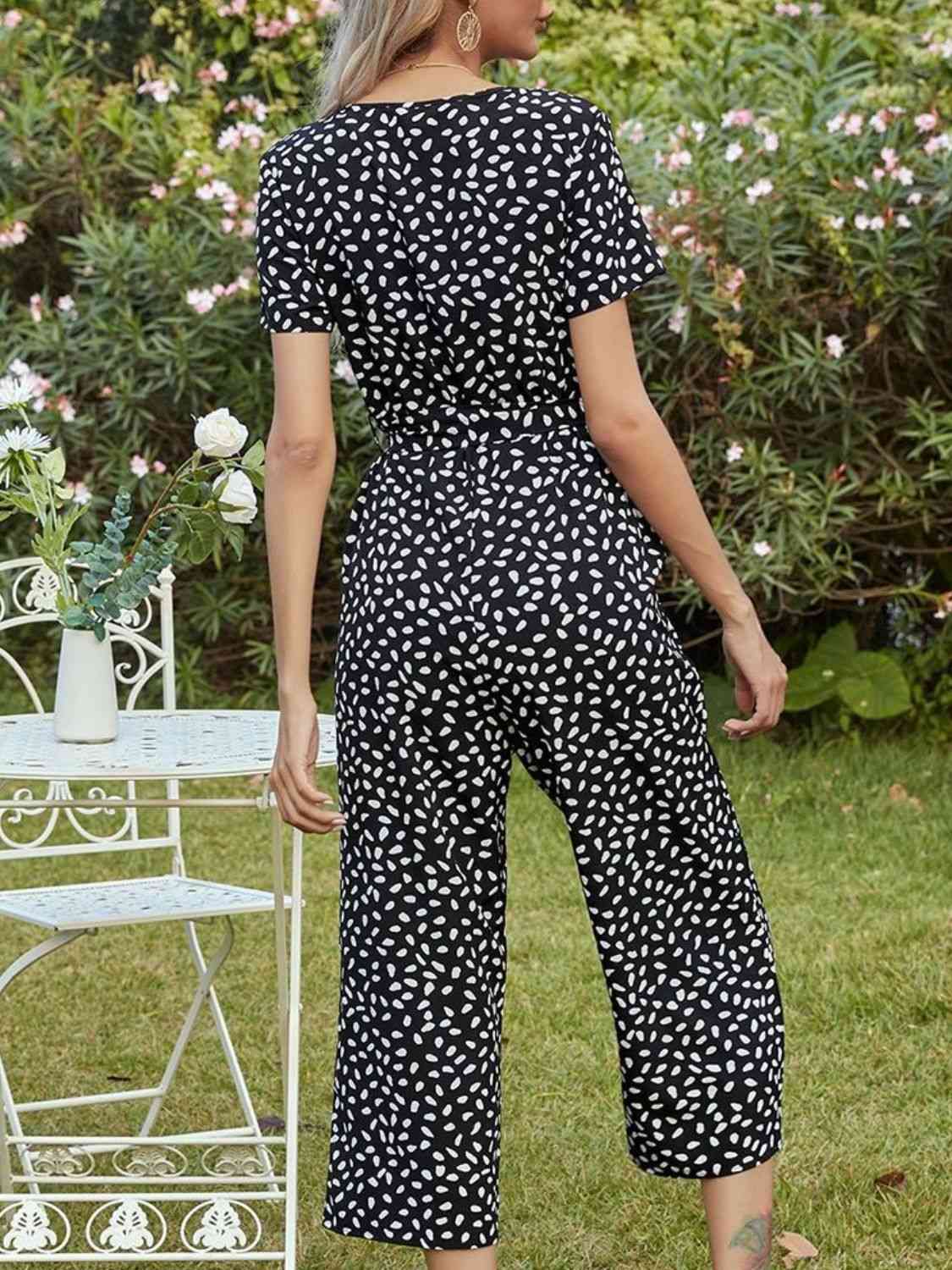 Printed V-Neck Short Sleeve Jumpsuit - TRENDMELO