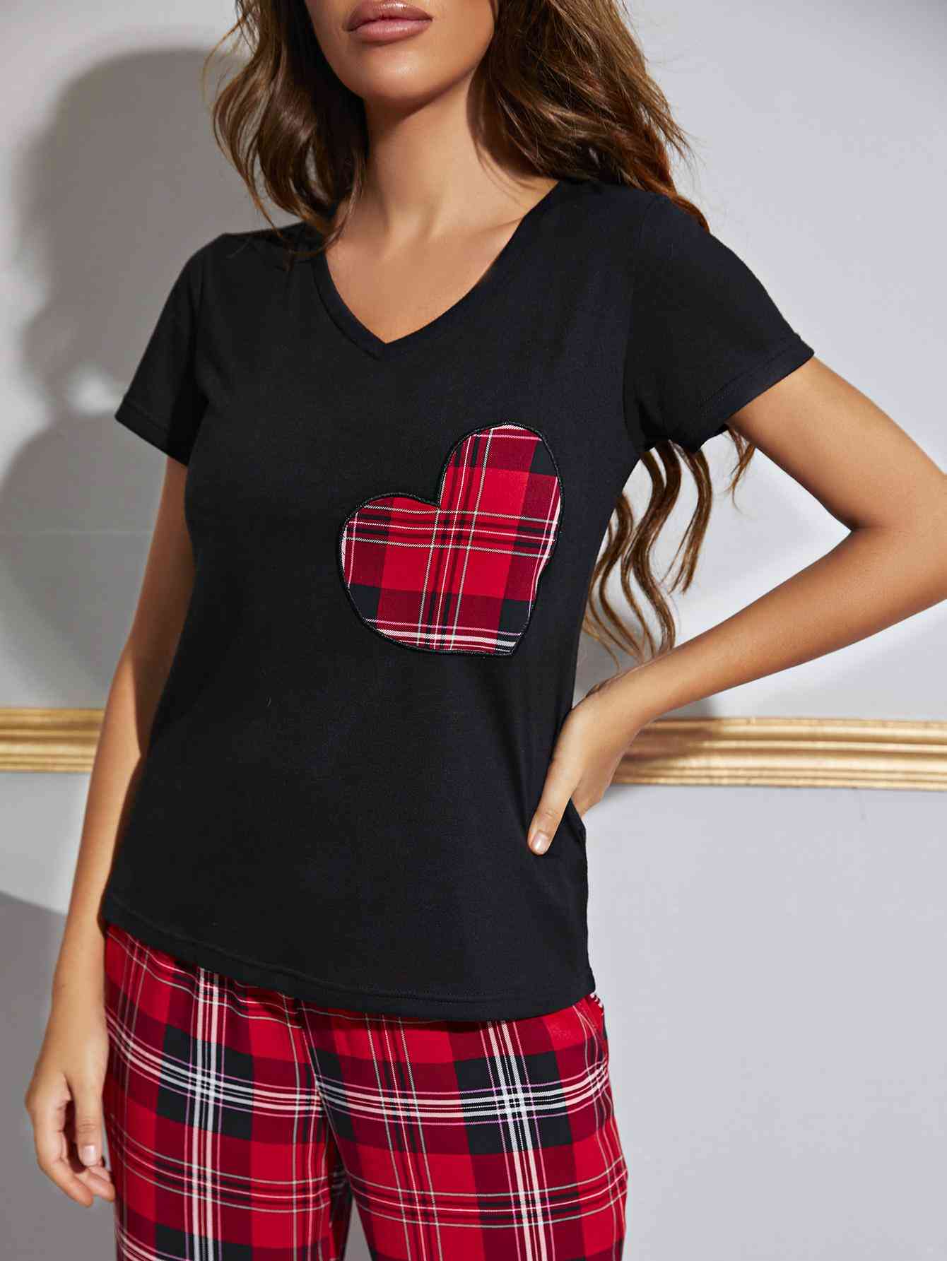 Heart Graphic V-Neck Top and Plaid Pants Lounge Set - TRENDMELO