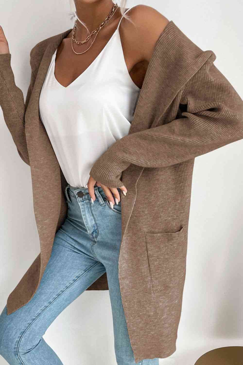 Double Take Ribbed Open Front Hooded Cardigan with Pockets - TRENDMELO
