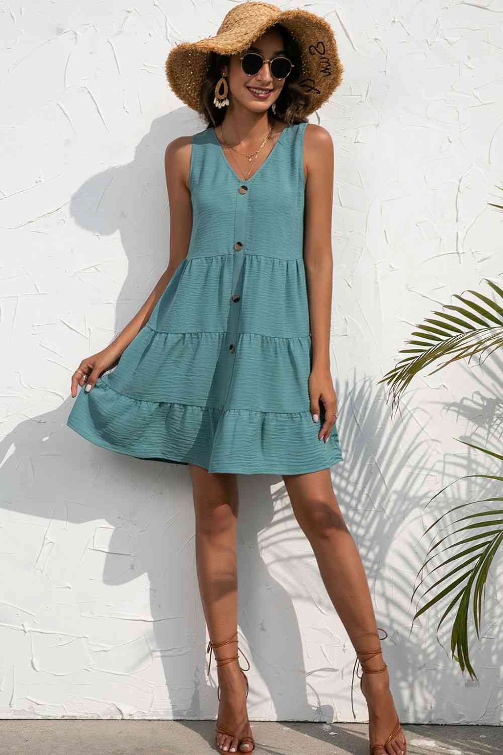 Decorative Button V-Neck Tiered Sleeveless Dress - TRENDMELO