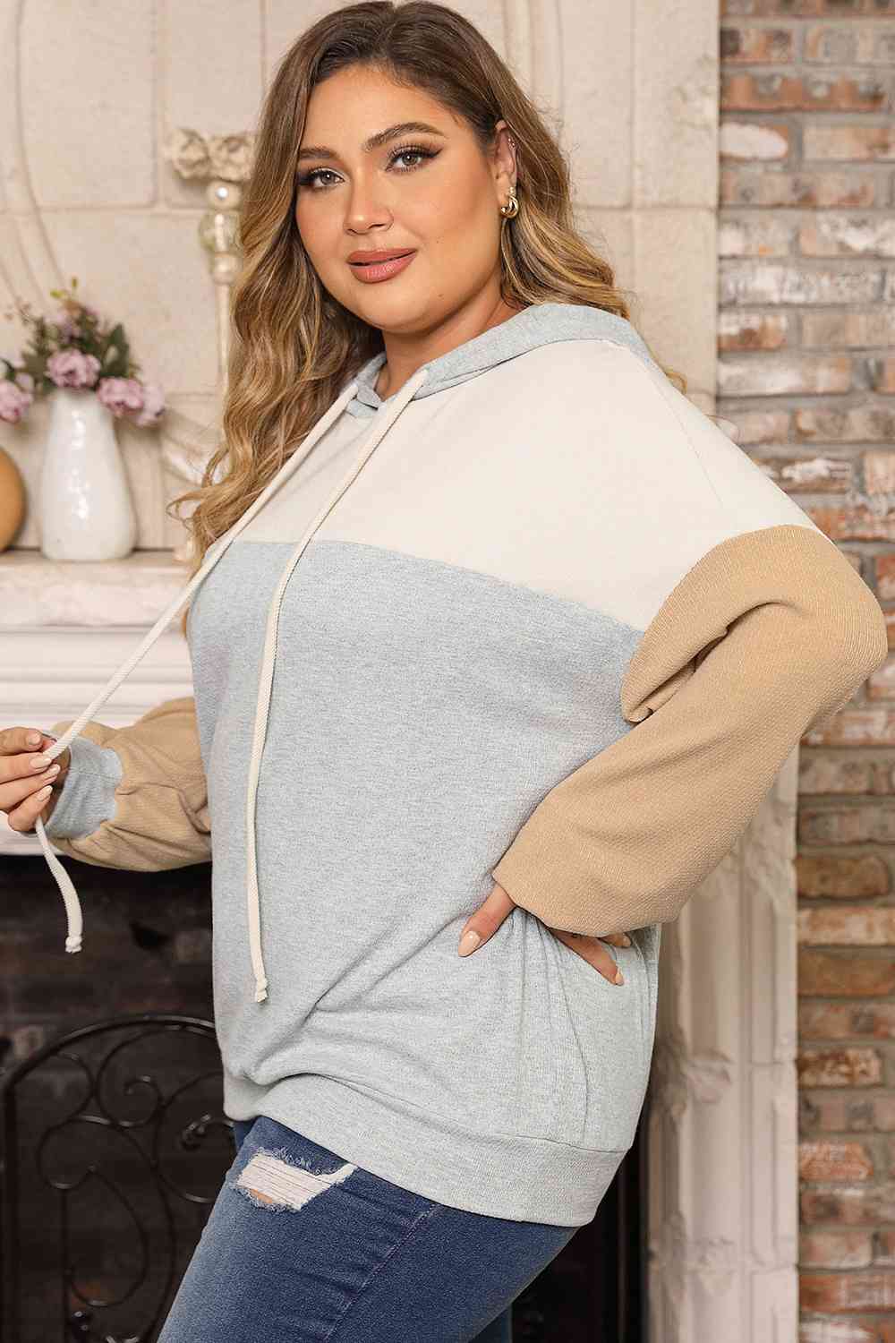 Plus Size Color Block Drawstring Long Sleeve Hoodie - TRENDMELO