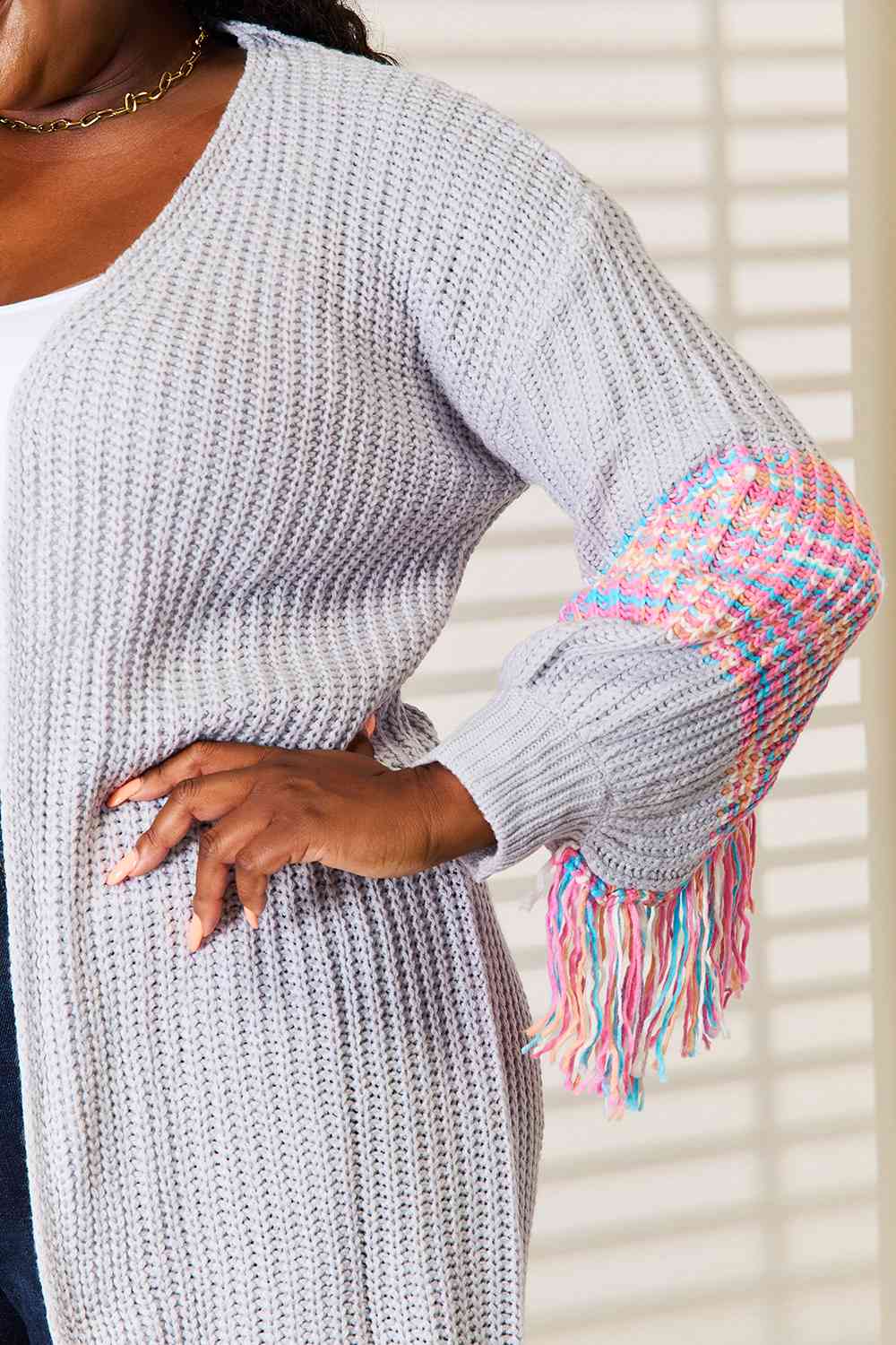 Woven Right Fringe Sleeve Dropped Shoulder Cardigan - TRENDMELO