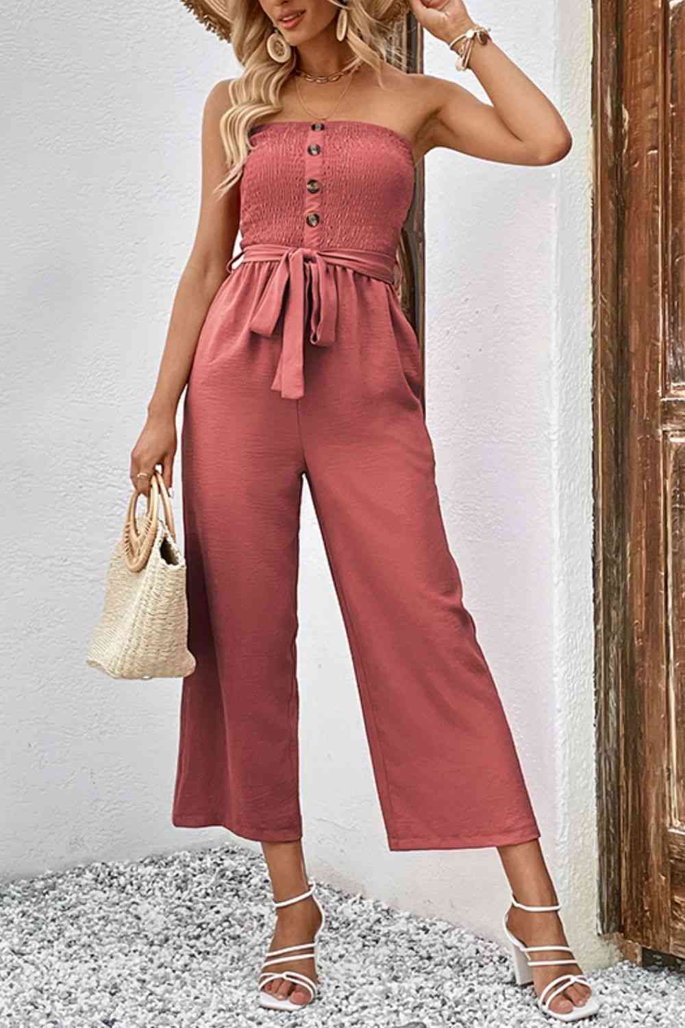 Decorative Button Strapless Smocked Jumpsuit with Pockets - TRENDMELO