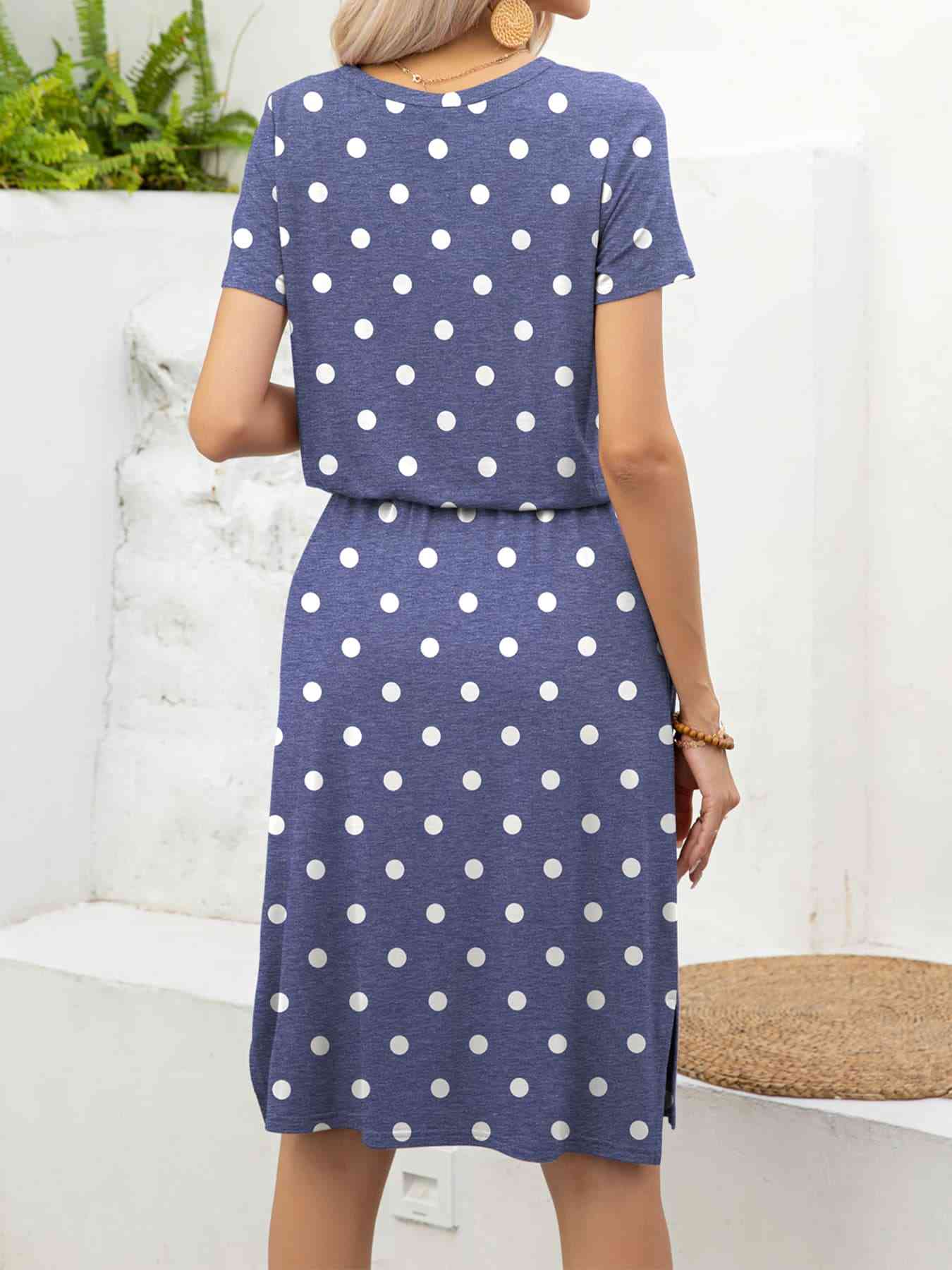 Round Neck Short Sleeve Slit Dress with Pockets - TRENDMELO