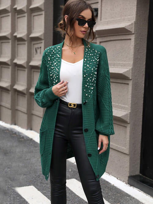 Pearl Detail Cable-Knit Button Up Cardigan - TRENDMELO