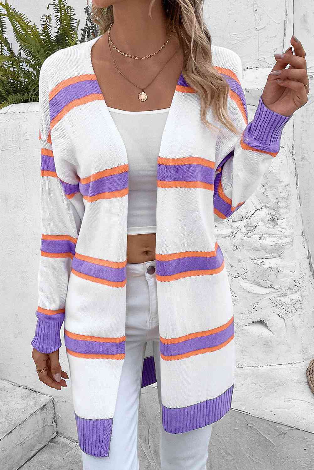 Striped Dropped Shoulder Cardigan - TRENDMELO