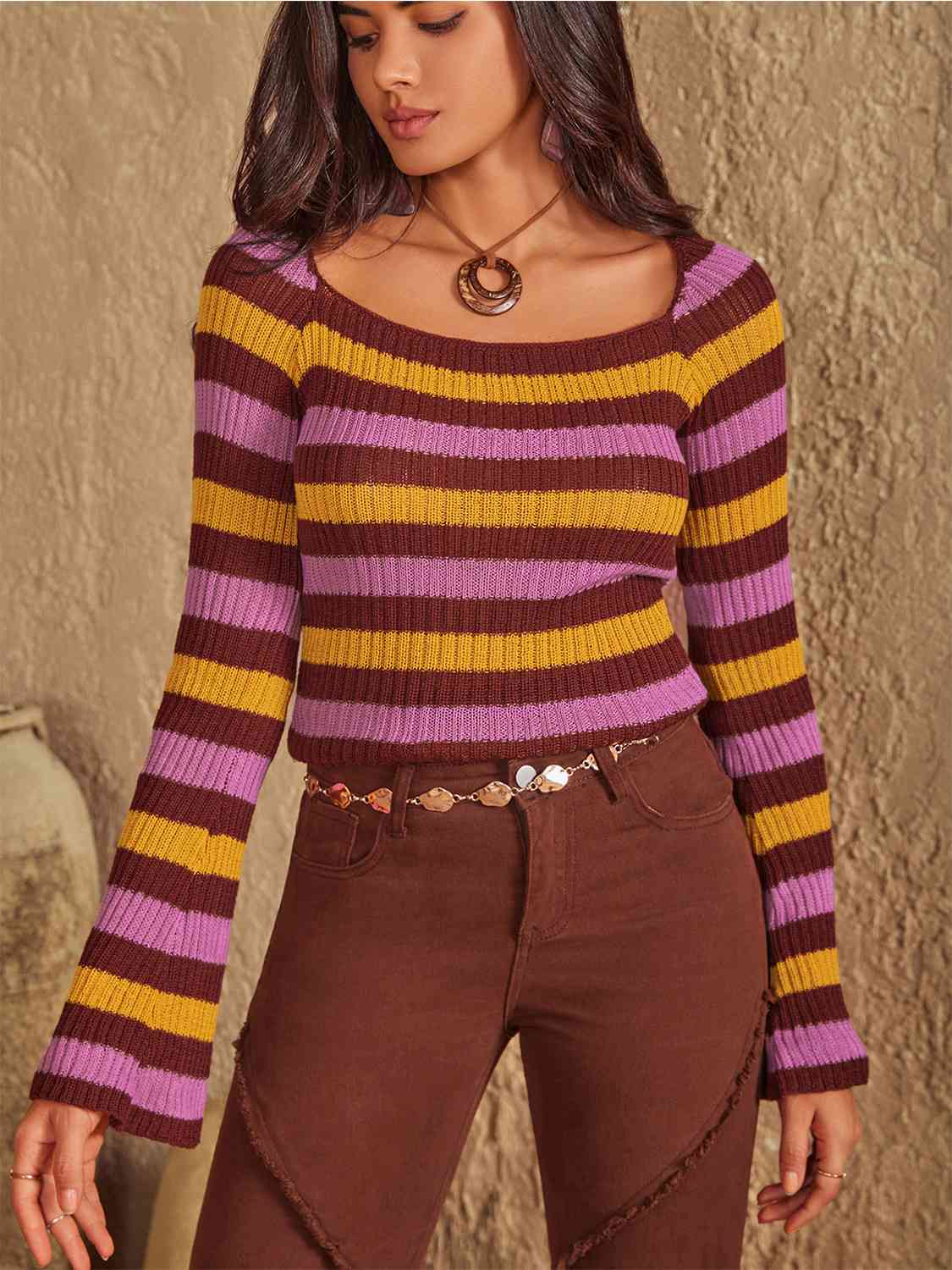 Striped Boat Neck Flare Sleeve Knit Top - TRENDMELO