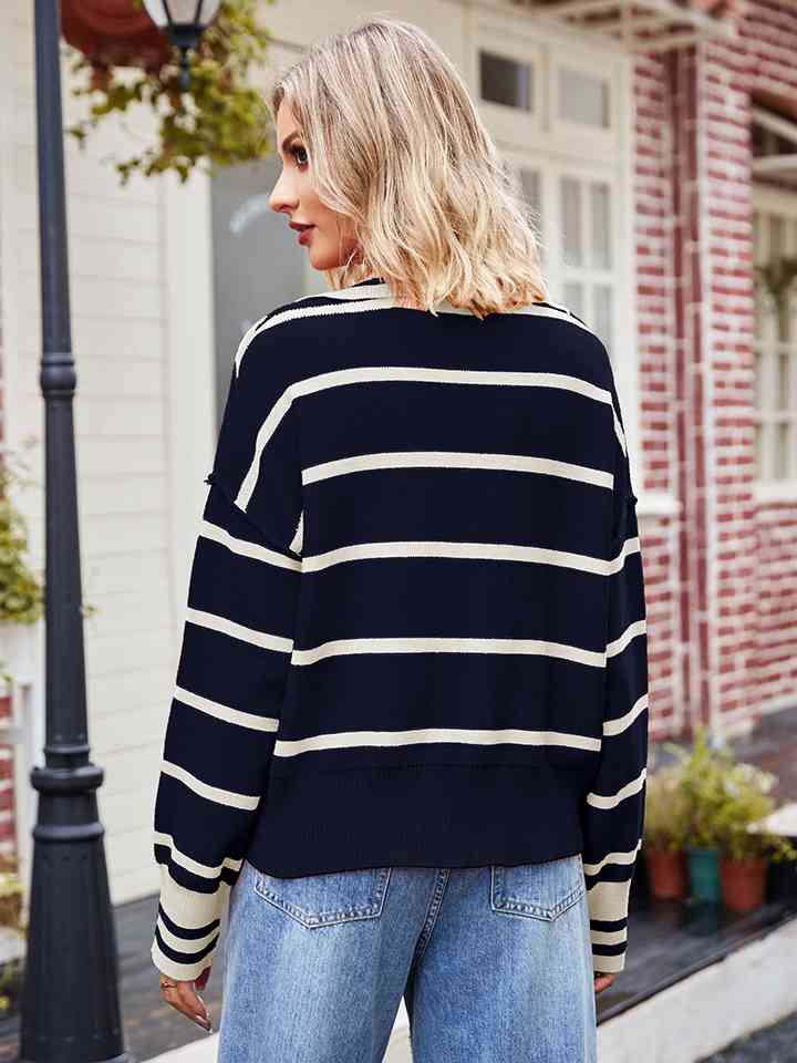 Striped Dropped Shoulder Notched Neck Knit Top - TRENDMELO