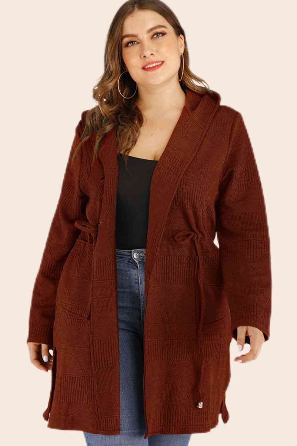 Plus Size Drawstring Waist Hooded Cardigan with Pockets - TRENDMELO