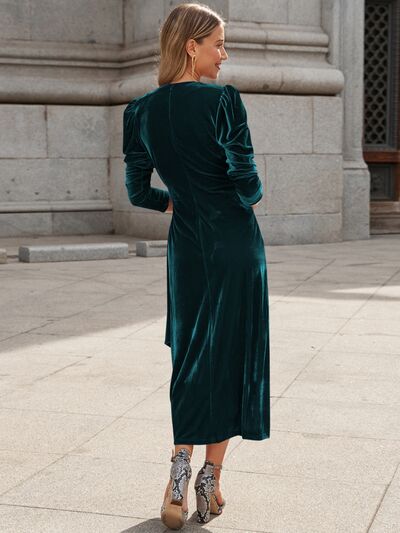 Surplice Puff Sleeve Midi Dress - TRENDMELO