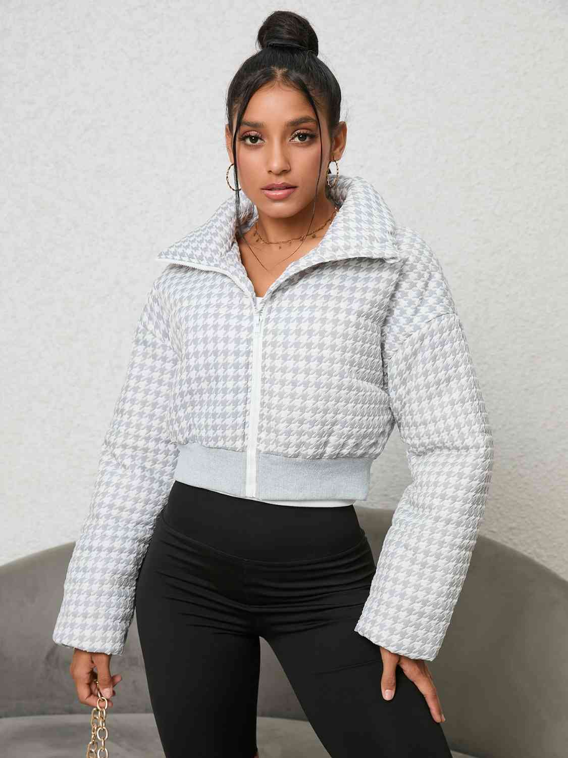 Houndstooth Zip-Up Jacket - TRENDMELO